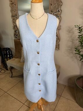 Light Blue Textured Button-Front Sleeveless Vest Dress